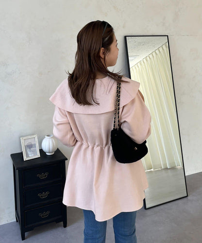 【MOMO】大翻領荷葉邊針織上衣