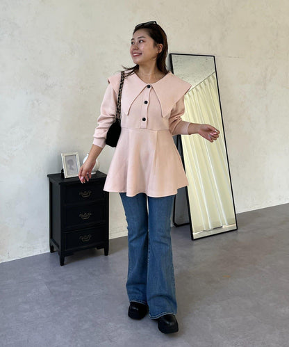 【MOMO】大翻領荷葉邊針織上衣