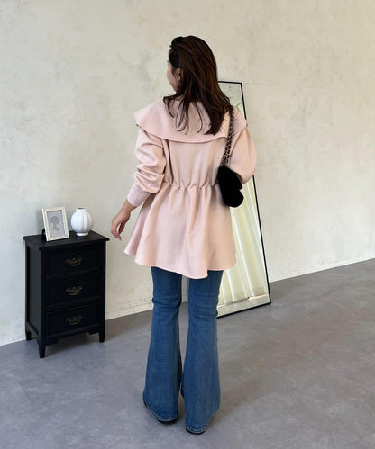 【MOMO】大翻領荷葉邊針織上衣