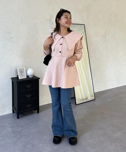 【MOMO】大翻領荷葉邊針織上衣