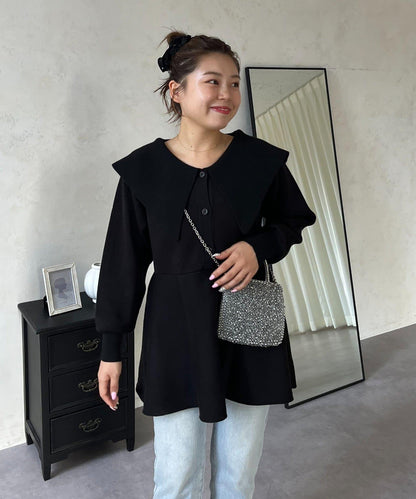 【MOMO】大翻領荷葉邊針織上衣