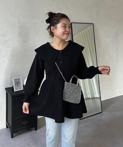 【MOMO】大翻領荷葉邊針織上衣