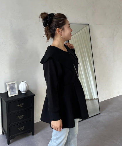 【MOMO】大翻領荷葉邊針織上衣