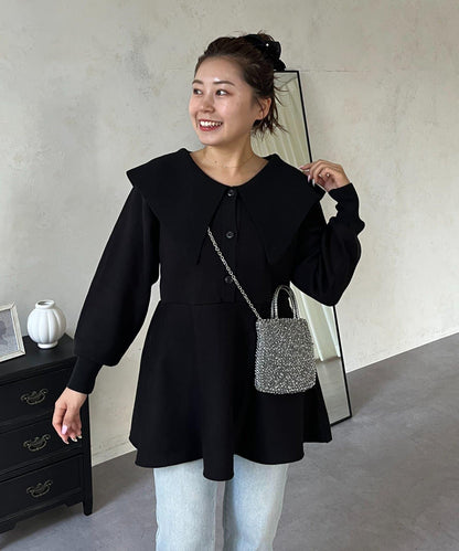 【MOMO】大翻領荷葉邊針織上衣