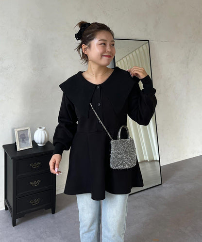 【MOMO】大翻領荷葉邊針織上衣