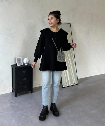 【MOMO】大翻領荷葉邊針織上衣