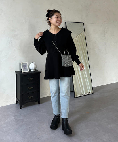 【MOMO】大翻領荷葉邊針織上衣