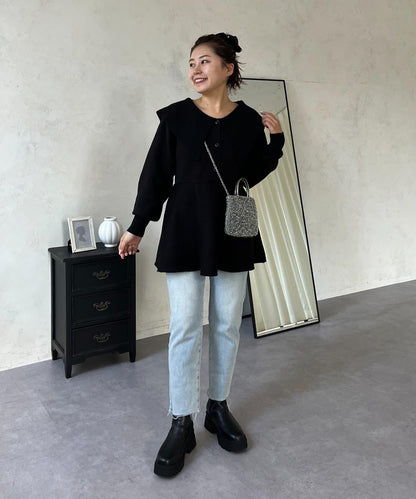 【MOMO】大翻領荷葉邊針織上衣