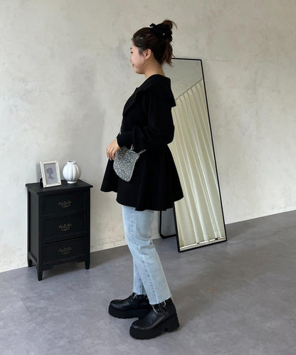 【MOMO】大翻領荷葉邊針織上衣