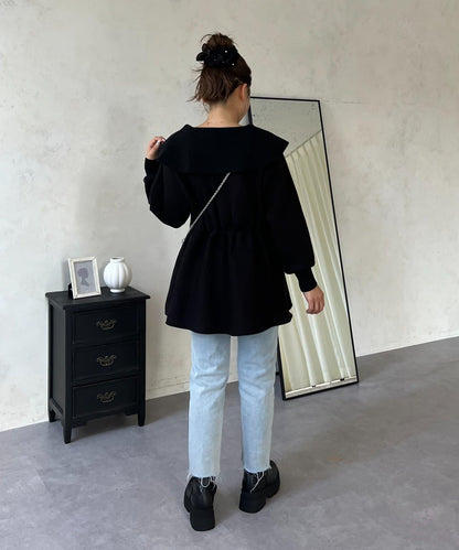 【MOMO】大翻領荷葉邊針織上衣