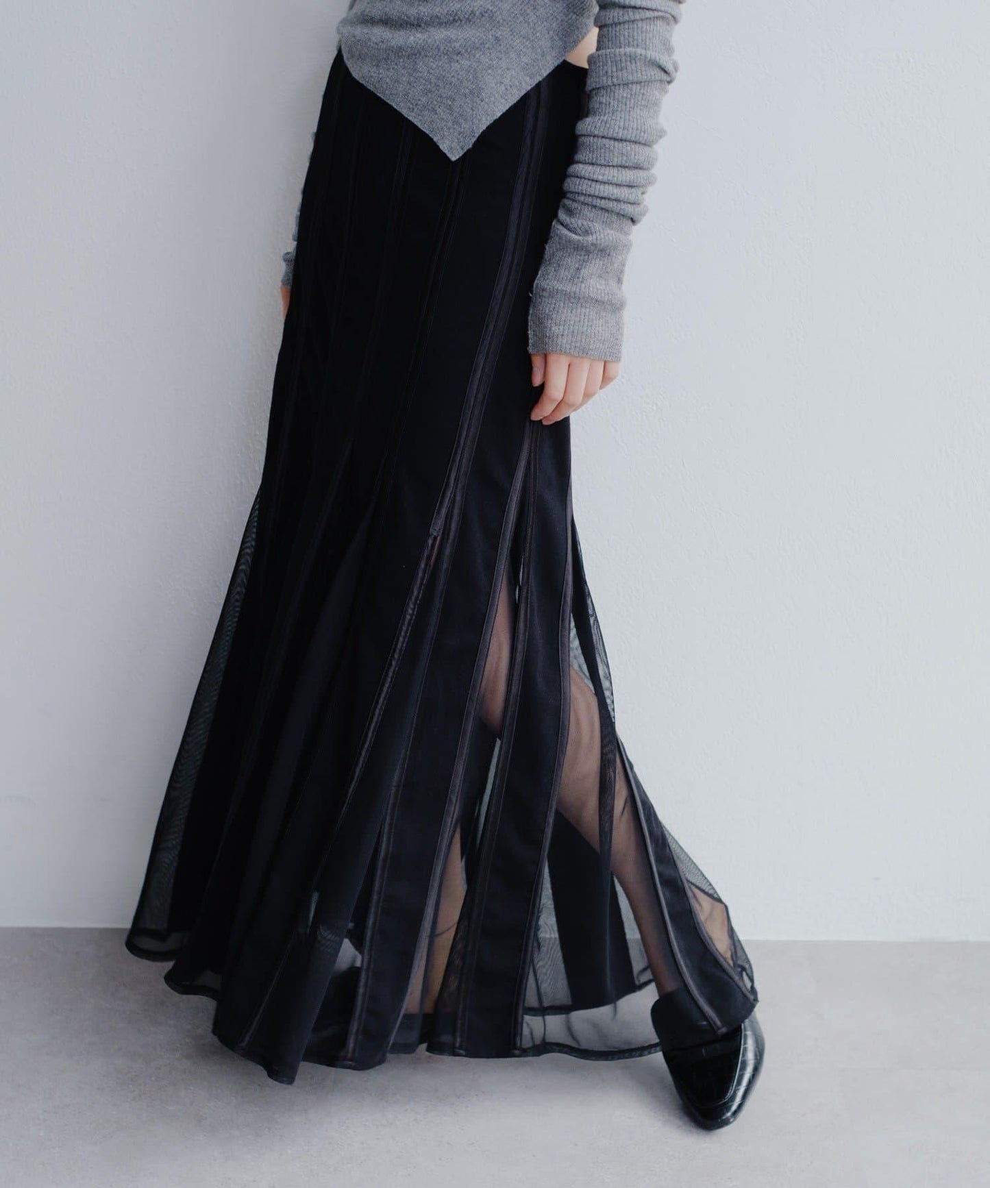 拼接網紗透視半身裙