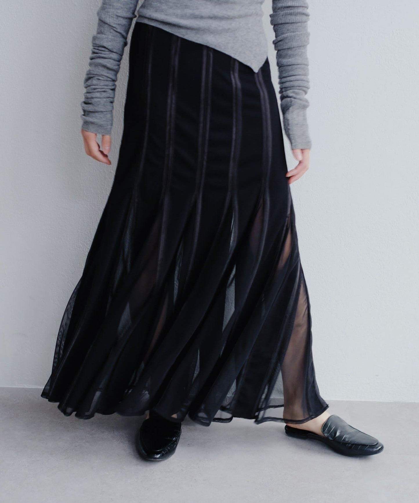 拼接網紗透視半身裙