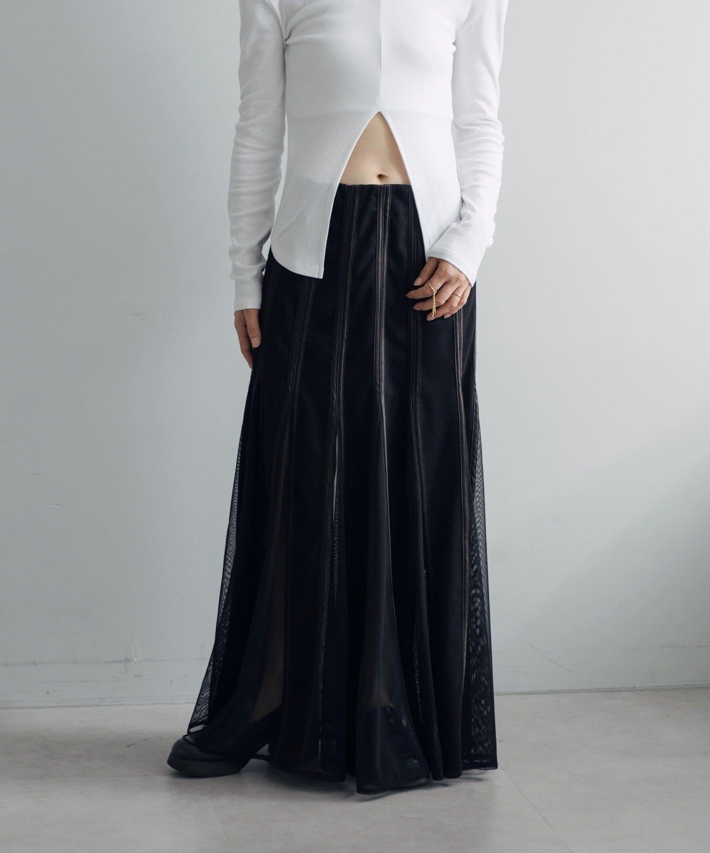 拼接網紗透視半身裙