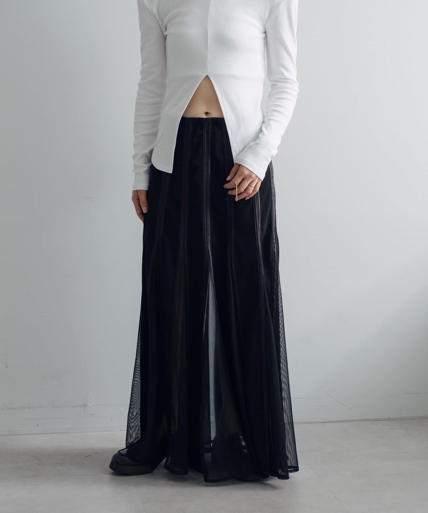 拼接網紗透視半身裙