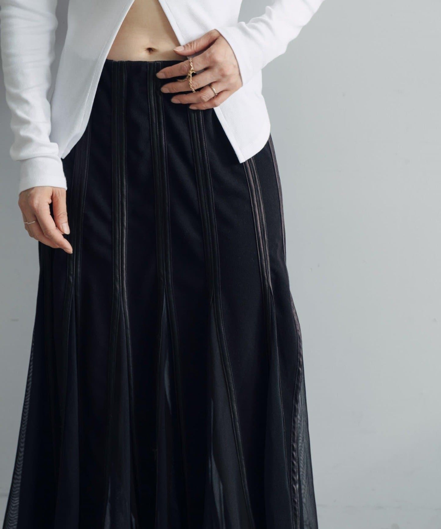 拼接網紗透視半身裙