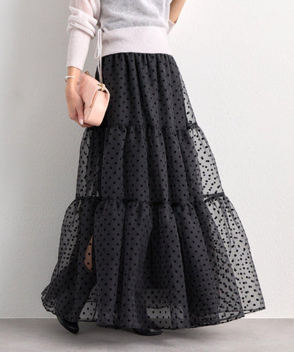 【3尺碼可選】波點植絨層疊半身裙（黑色）
