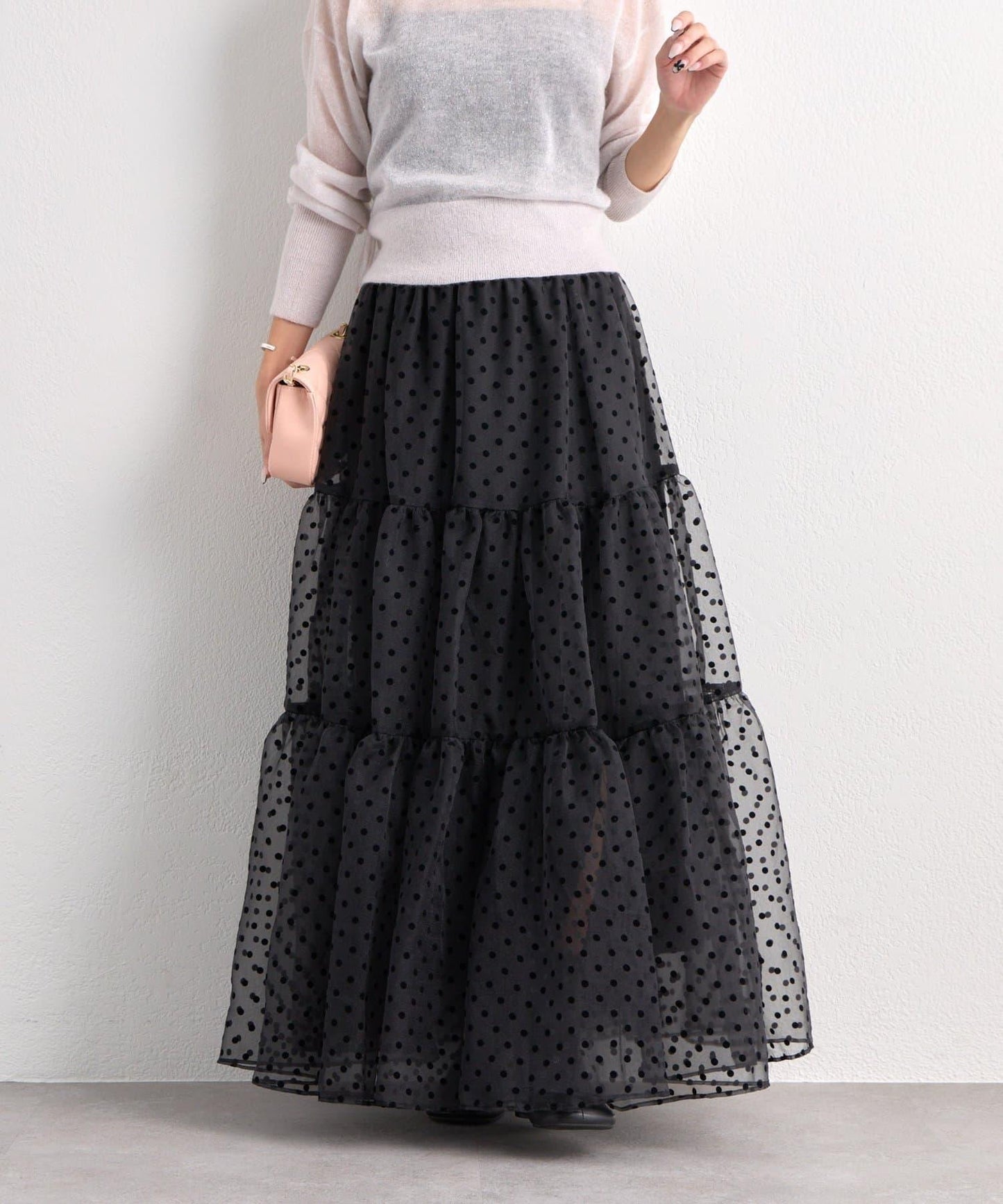 【3尺碼可選】波點植絨層疊半身裙（黑色）