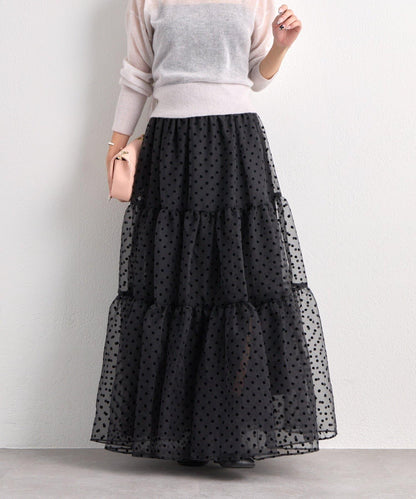 【3尺碼可選】波點植絨層疊半身裙（黑色）