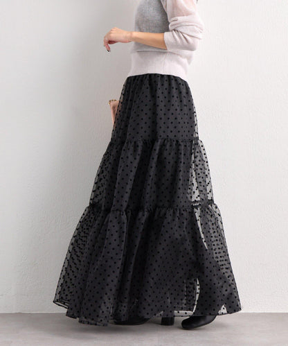【3尺碼可選】波點植絨層疊半身裙（黑色）