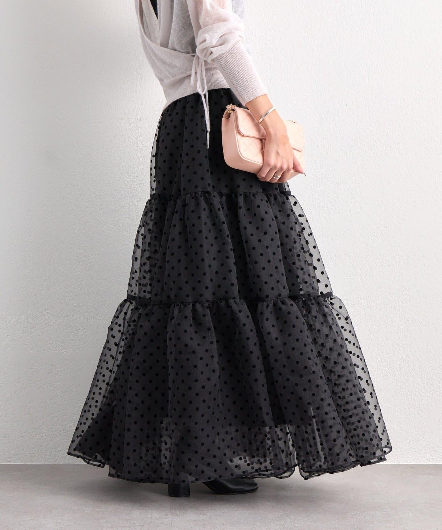 【3尺碼可選】波點植絨層疊半身裙（黑色）