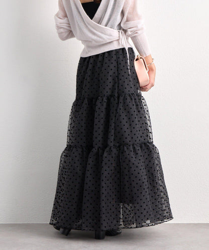 【3尺碼可選】波點植絨層疊半身裙（黑色）