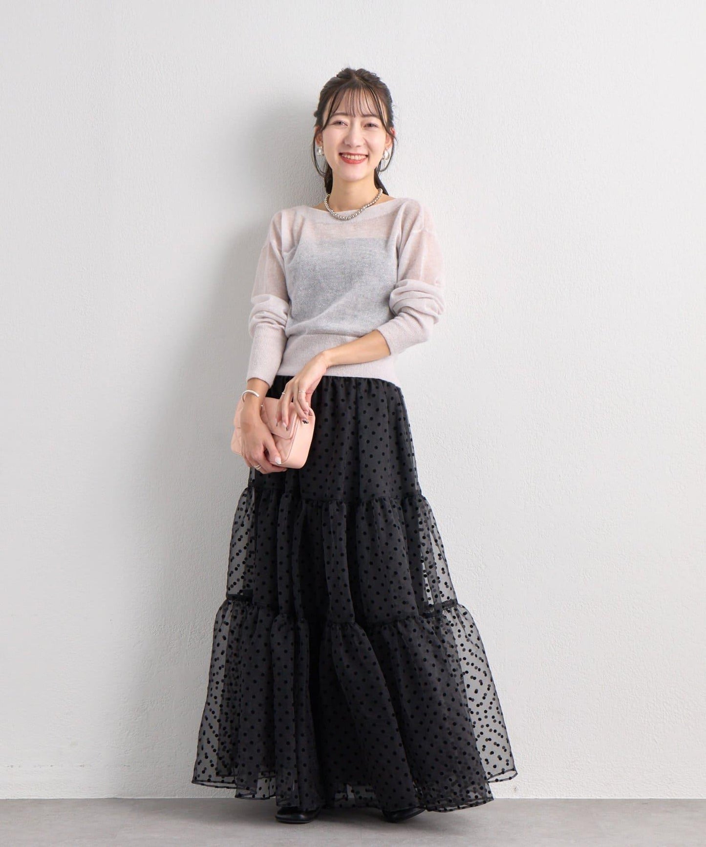 【3尺碼可選】波點植絨層疊半身裙（黑色）