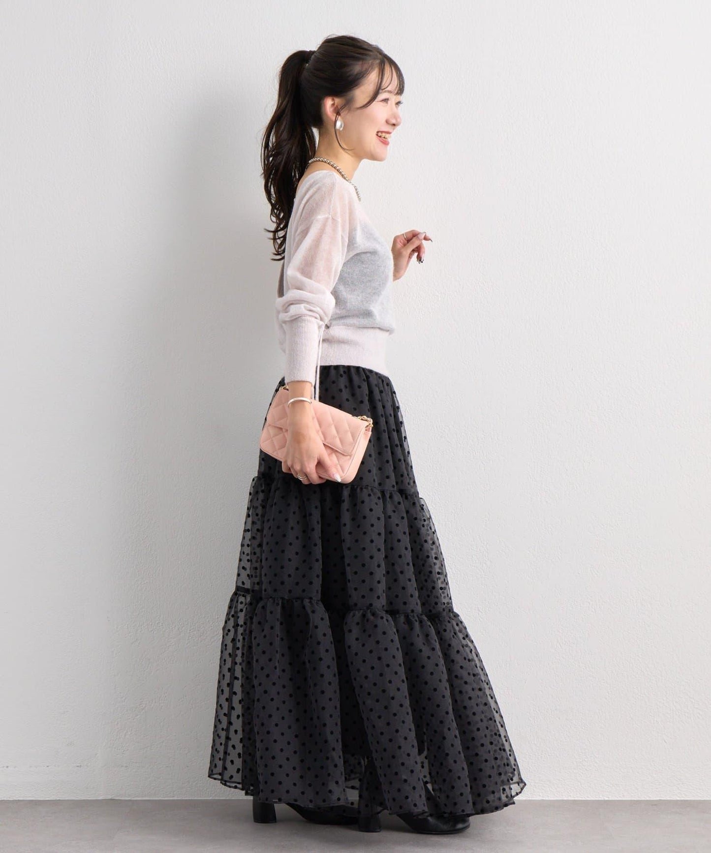 【3尺碼可選】波點植絨層疊半身裙（黑色）