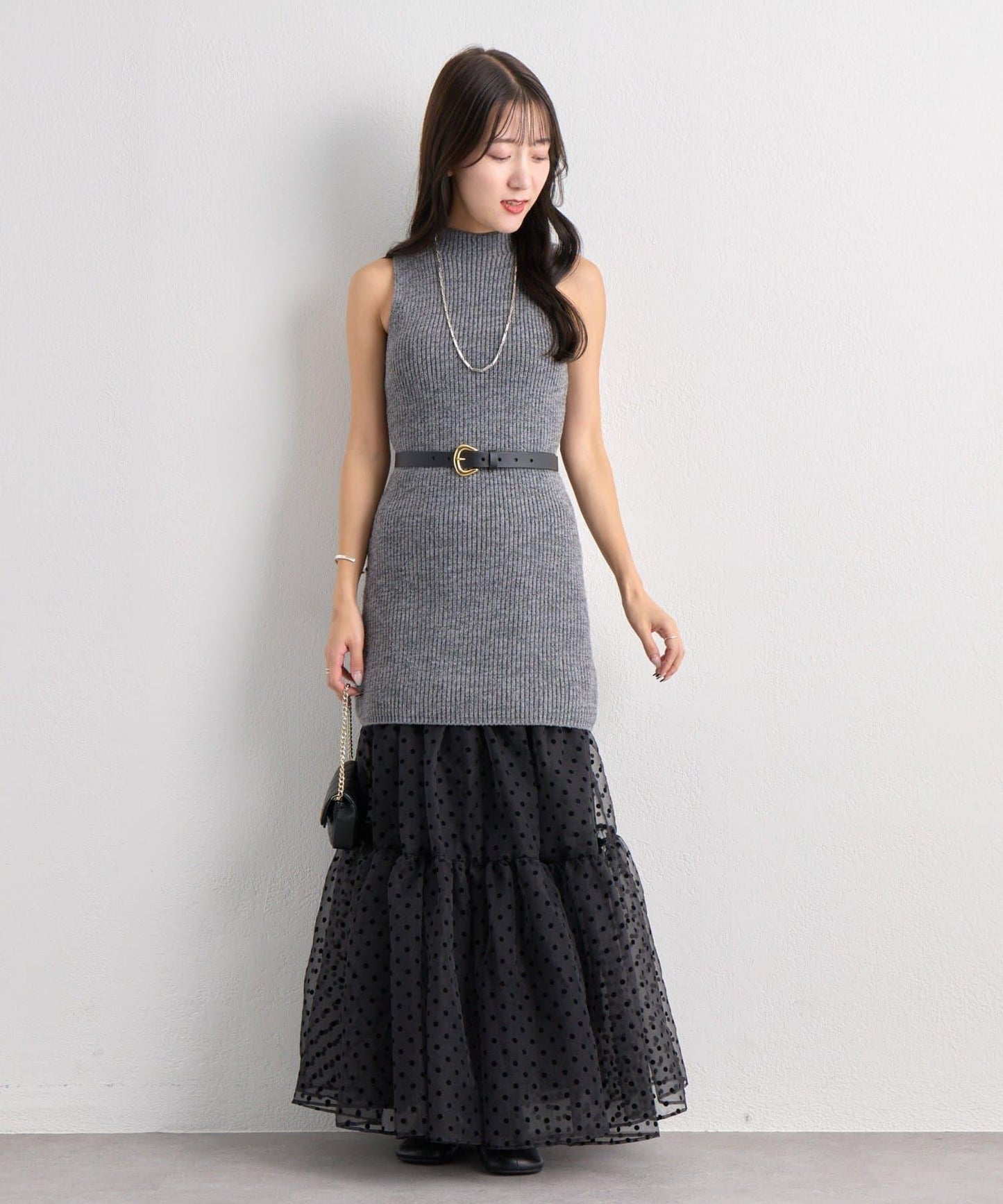 【3尺碼可選】波點植絨層疊半身裙（黑色）