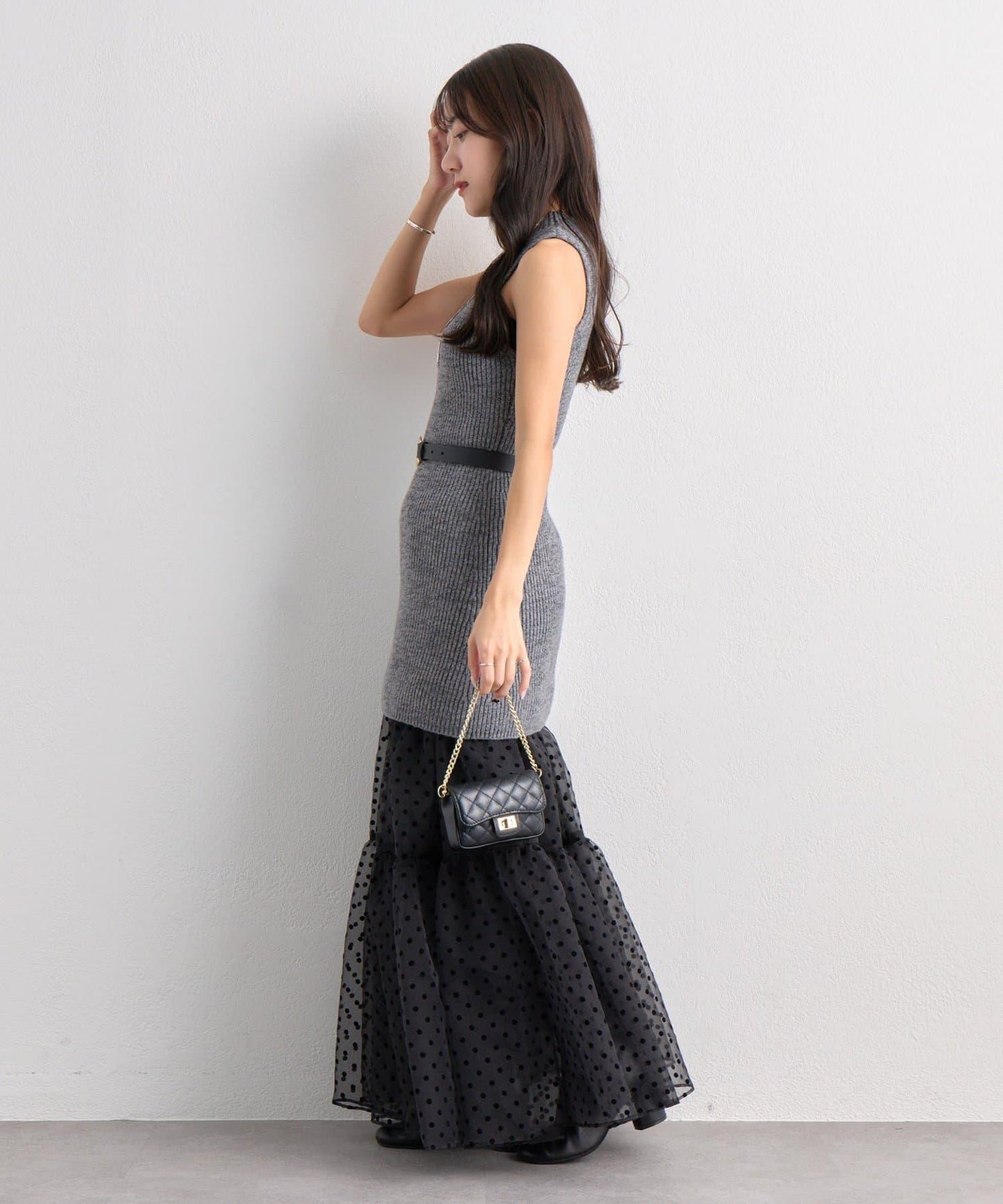 【3尺碼可選】波點植絨層疊半身裙（黑色）