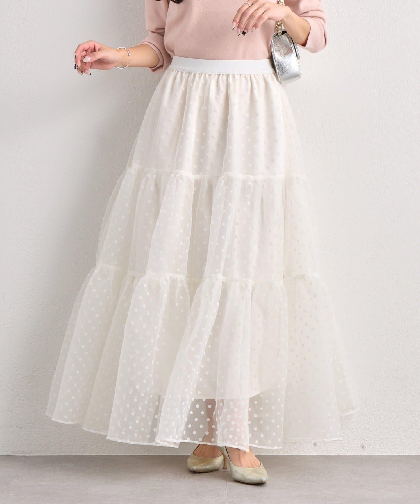 【miki監修・3尺碼可選】波點植絨層疊半身裙（白色）