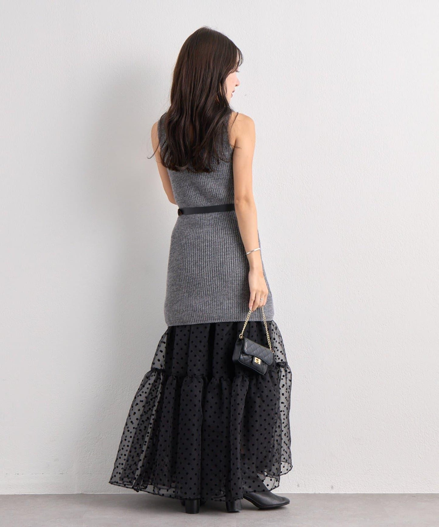 【3尺碼可選】波點植絨層疊半身裙（黑色）