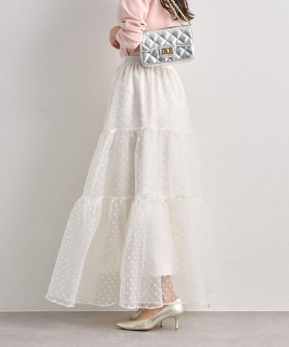 【miki監修・3尺碼可選】波點植絨層疊半身裙（白色）