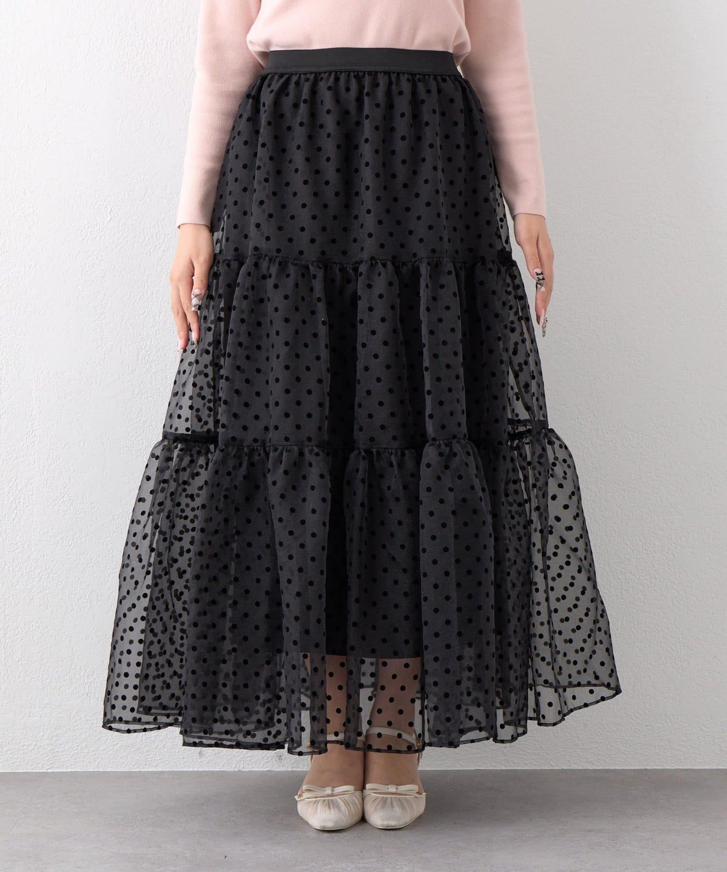 【3尺碼可選】波點植絨層疊半身裙（黑色）