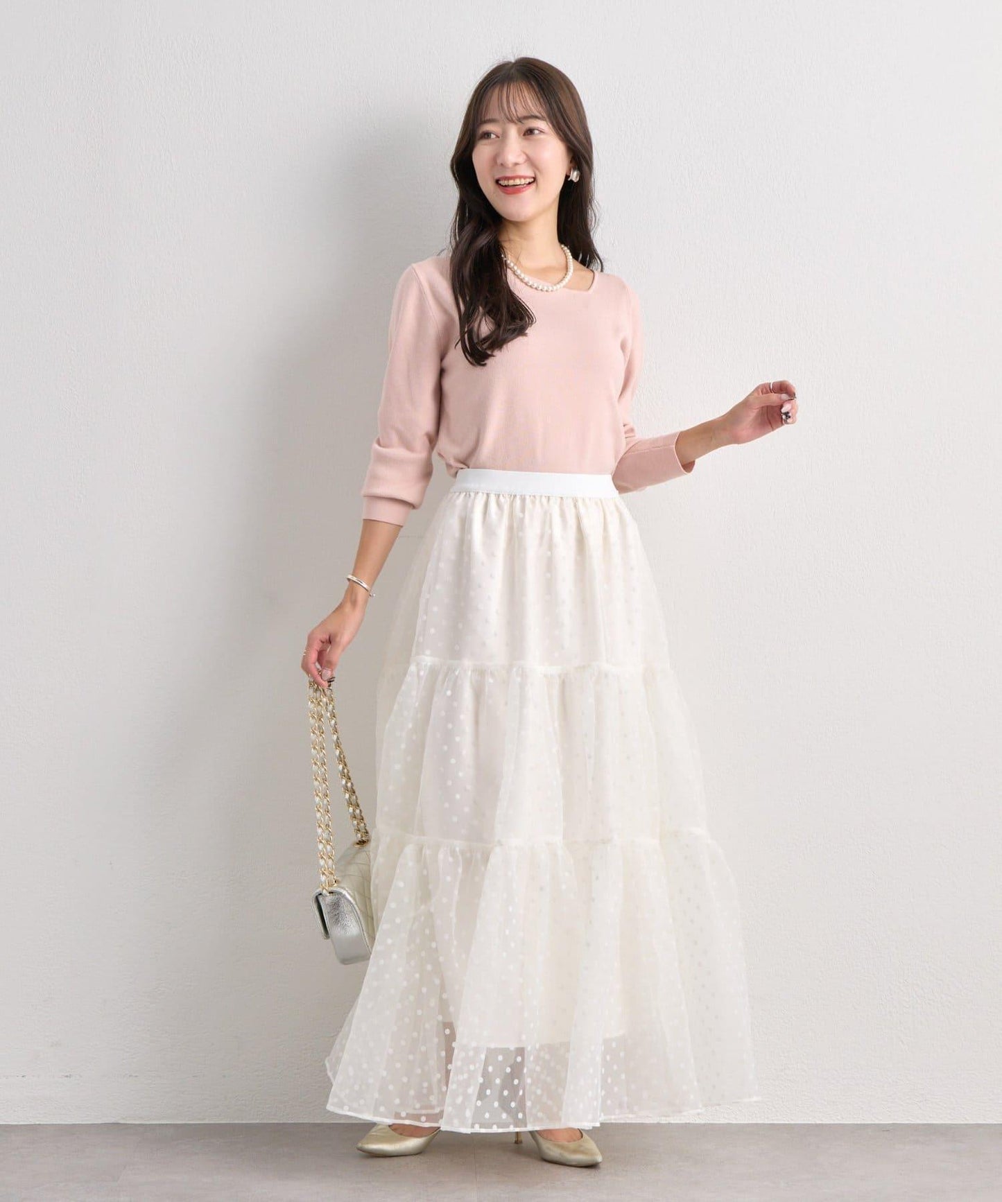 【miki監修・3尺碼可選】波點植絨層疊半身裙（白色）