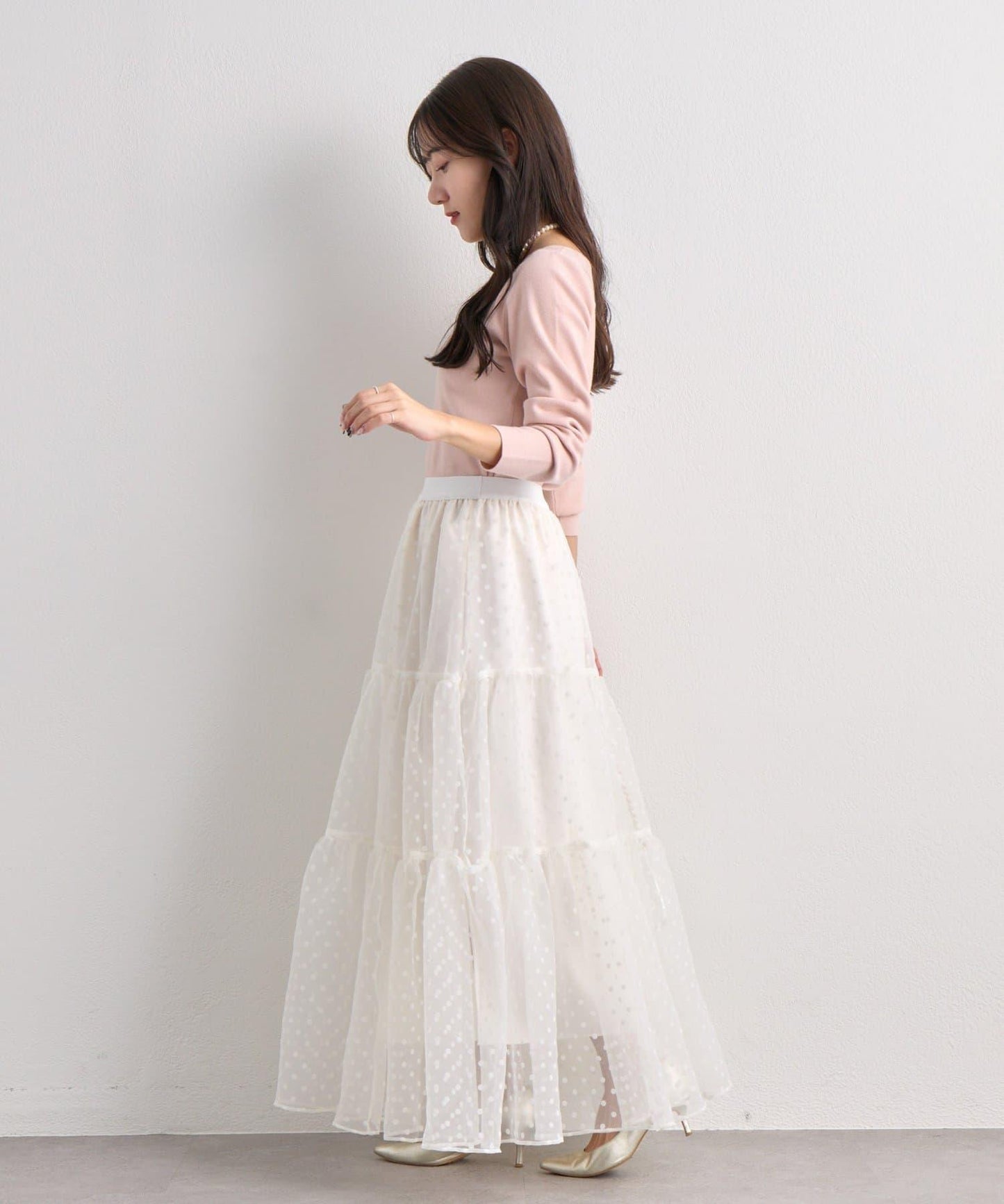 【miki監修・3尺碼可選】波點植絨層疊半身裙（白色）