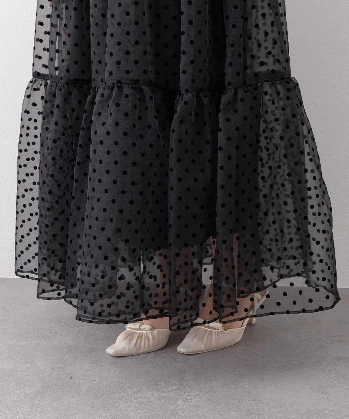 【3尺碼可選】波點植絨層疊半身裙（黑色）