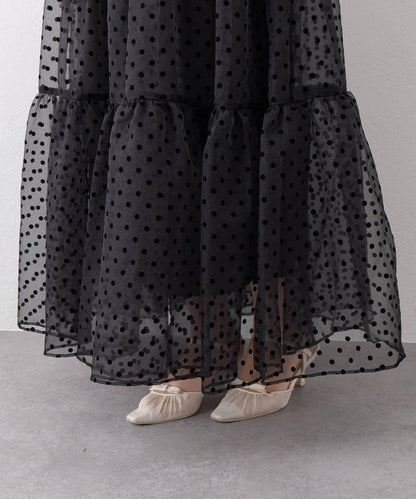 【3尺碼可選】波點植絨層疊半身裙（黑色）