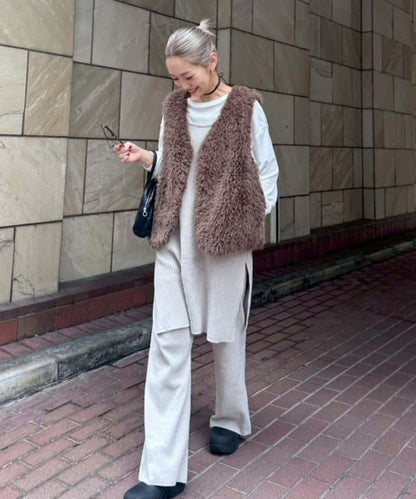 【PON企畫】顯瘦前後兩穿毛絨針織吊帶長款上衣