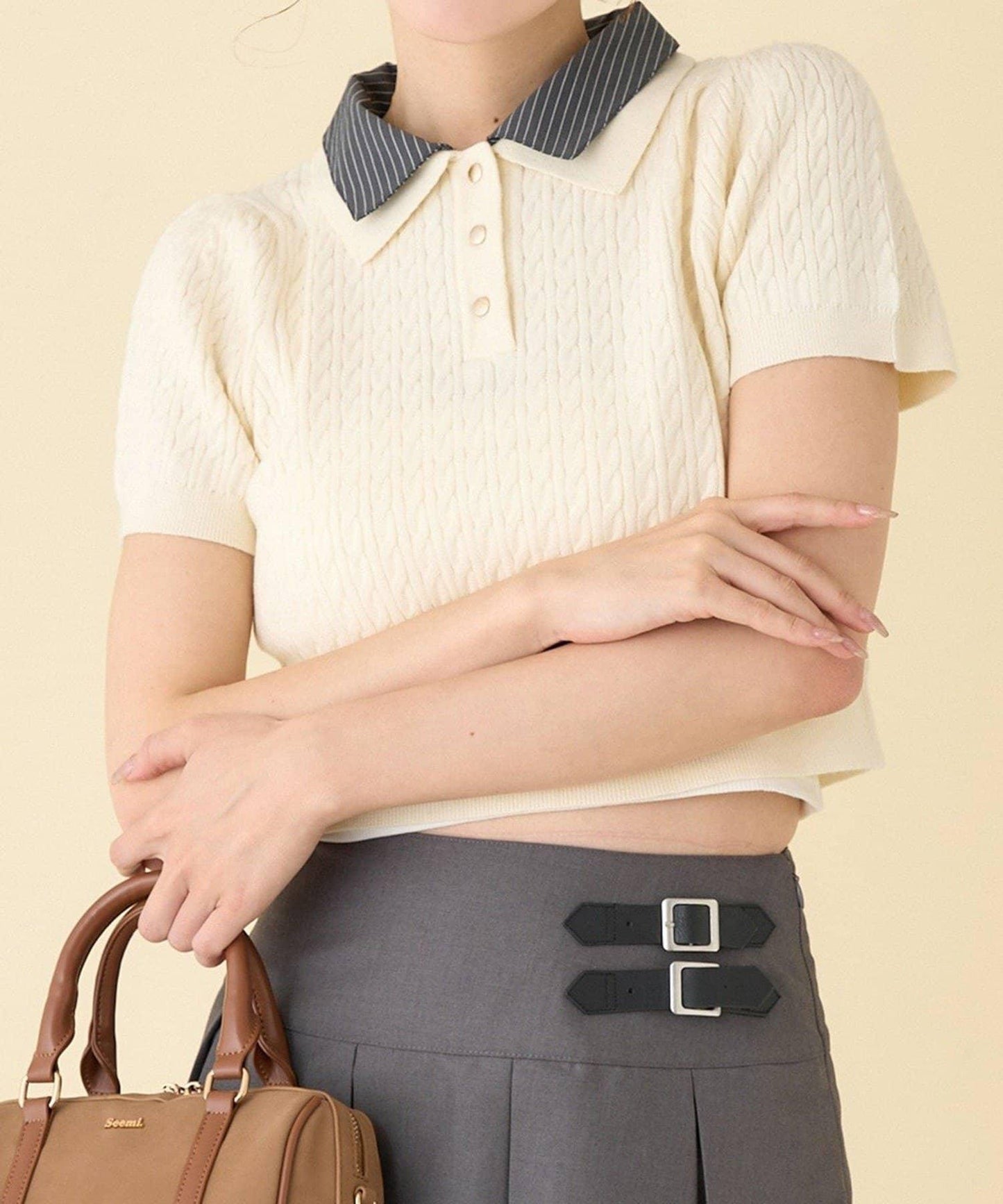 【one after another】2件裝翻領麻花針織衫