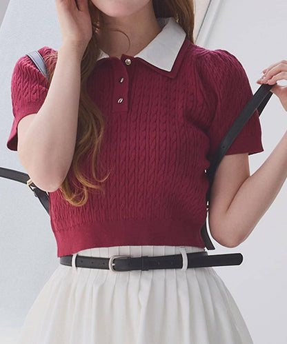 【one after another】2件裝翻領麻花針織衫