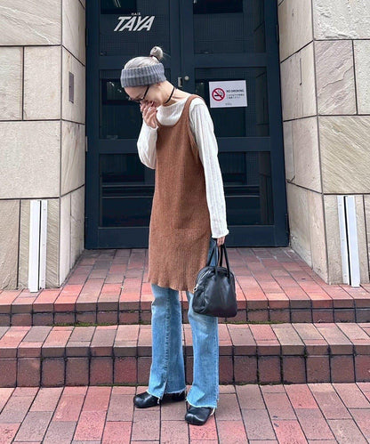 【PON企畫】顯瘦前後兩穿毛絨針織吊帶長款上衣