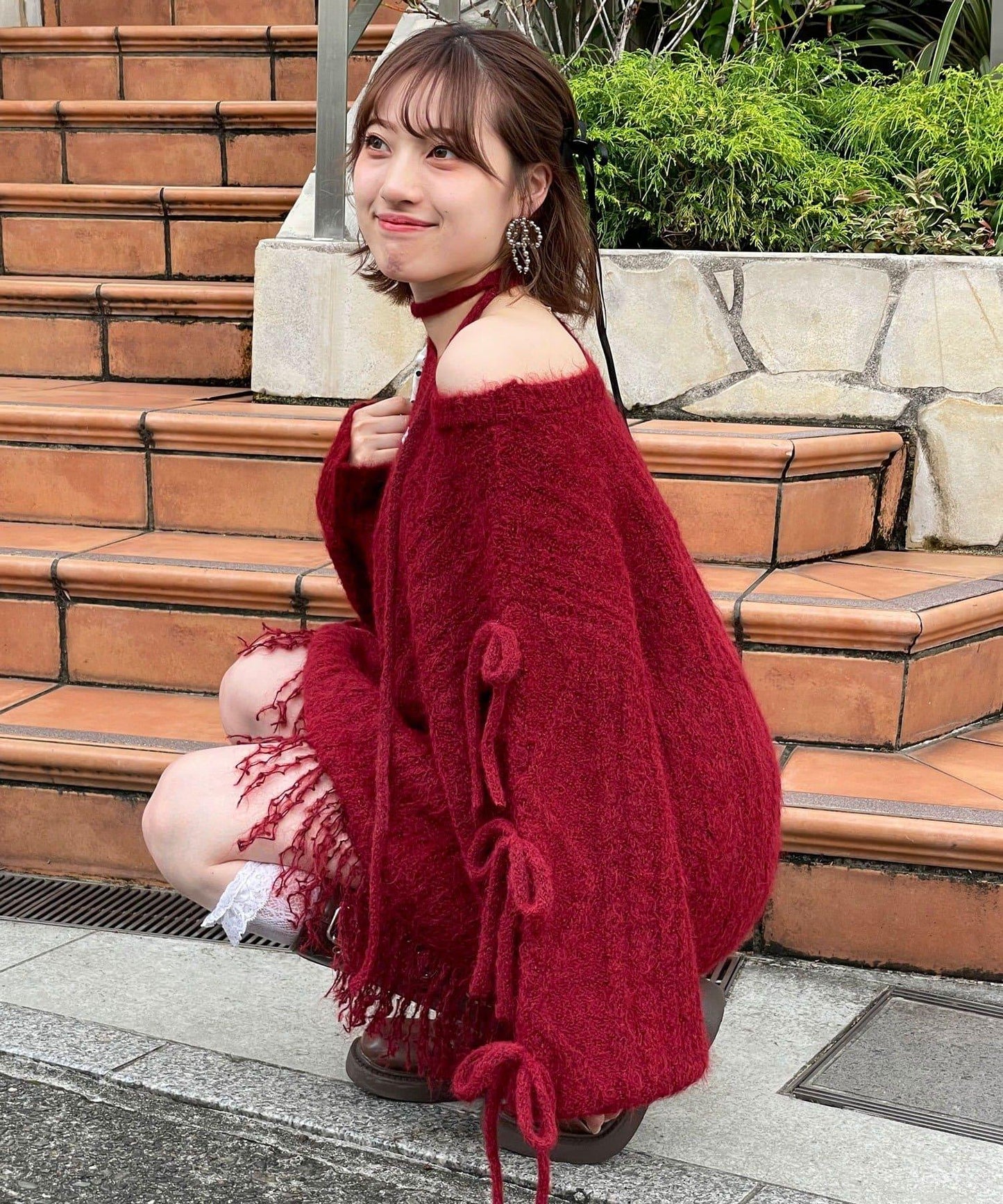 【あやっち(@_acoba_)企畫】麻花編織蝴蝶結流蘇一字肩針織衫