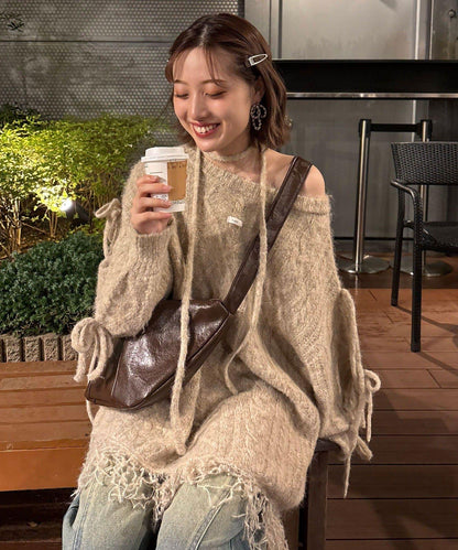 【あやっち(@_acoba_)企畫】麻花編織蝴蝶結流蘇一字肩針織衫