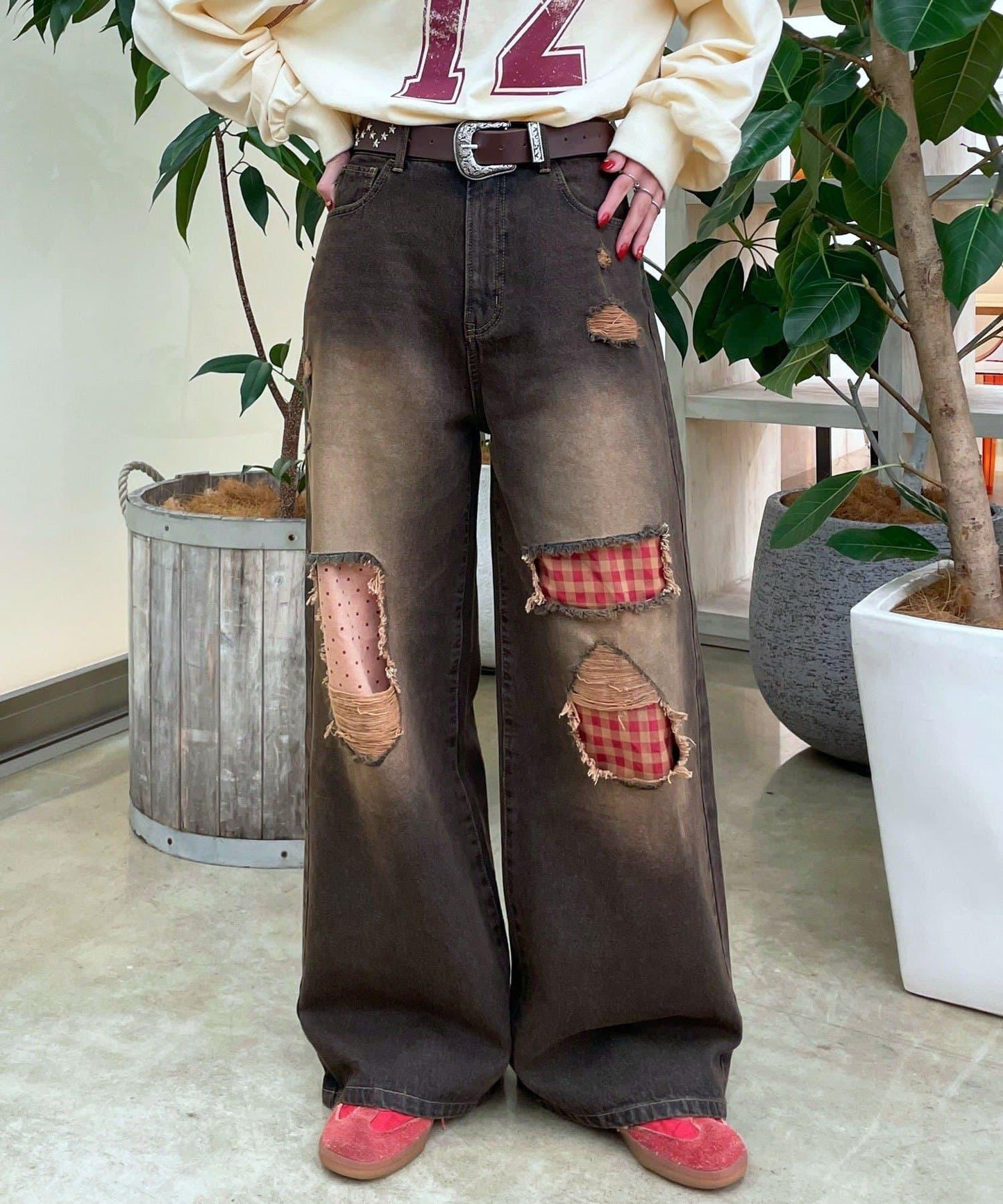 波點拼接格紋破洞牛仔褲