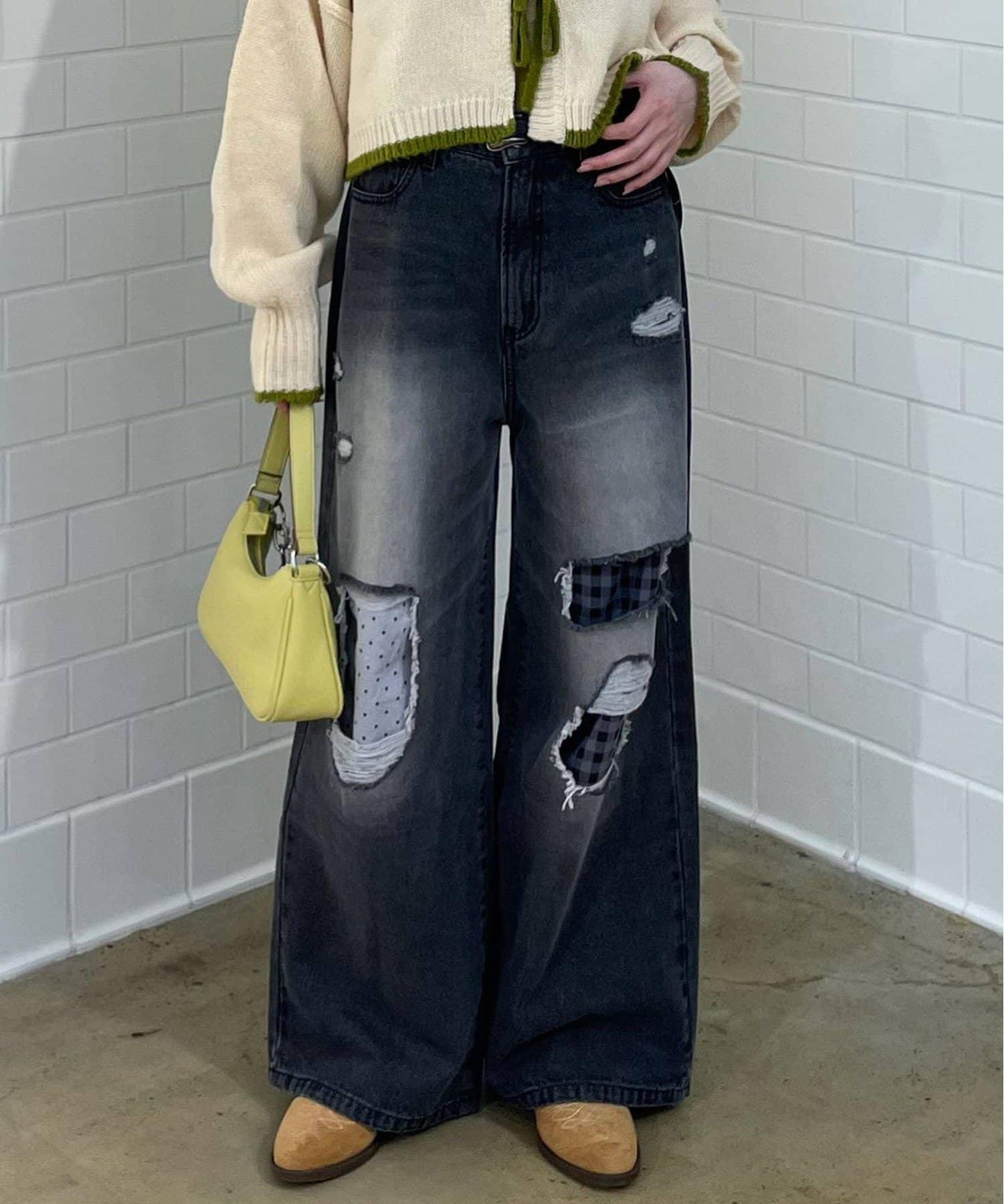 波點拼接格紋破洞牛仔褲