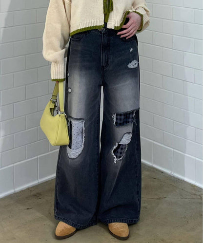 波點拼接格紋破洞牛仔褲