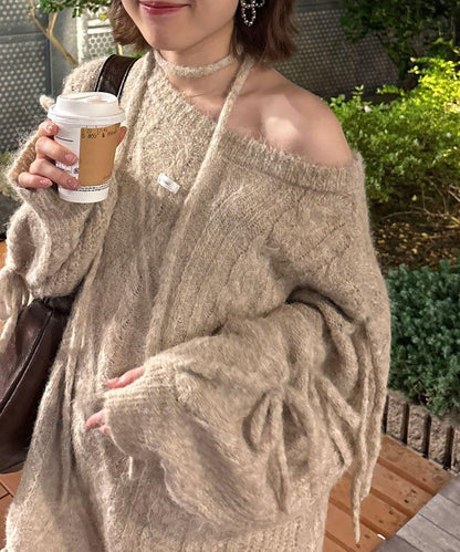 【あやっち(@_acoba_)企畫】麻花編織蝴蝶結流蘇一字肩針織衫