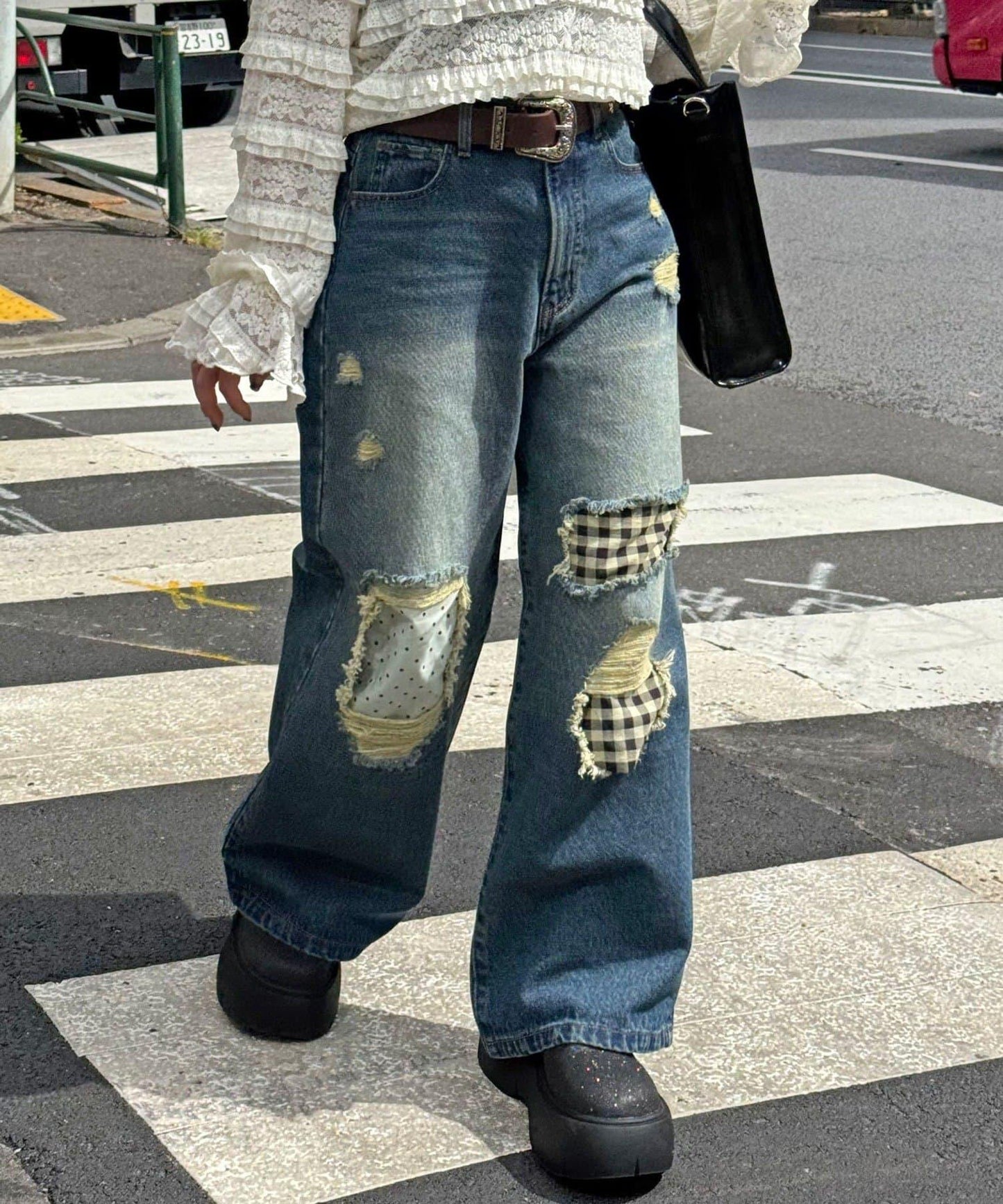 波點拼接格紋破洞牛仔褲