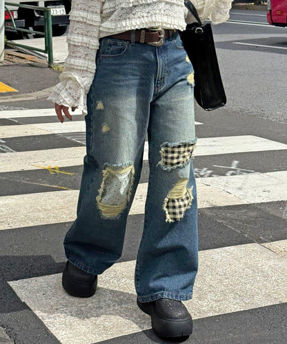 波點拼接格紋破洞牛仔褲