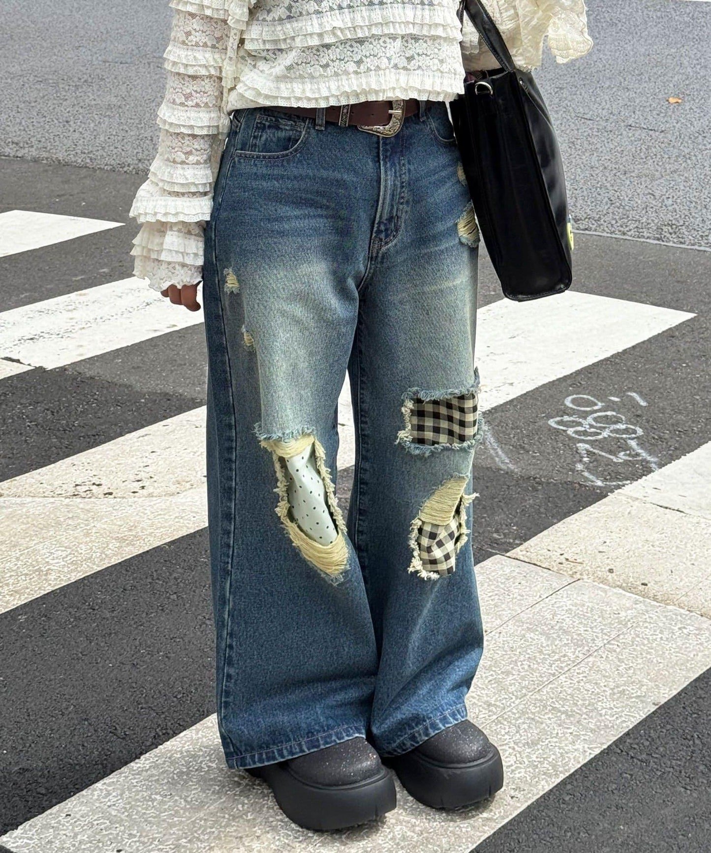 波點拼接格紋破洞牛仔褲